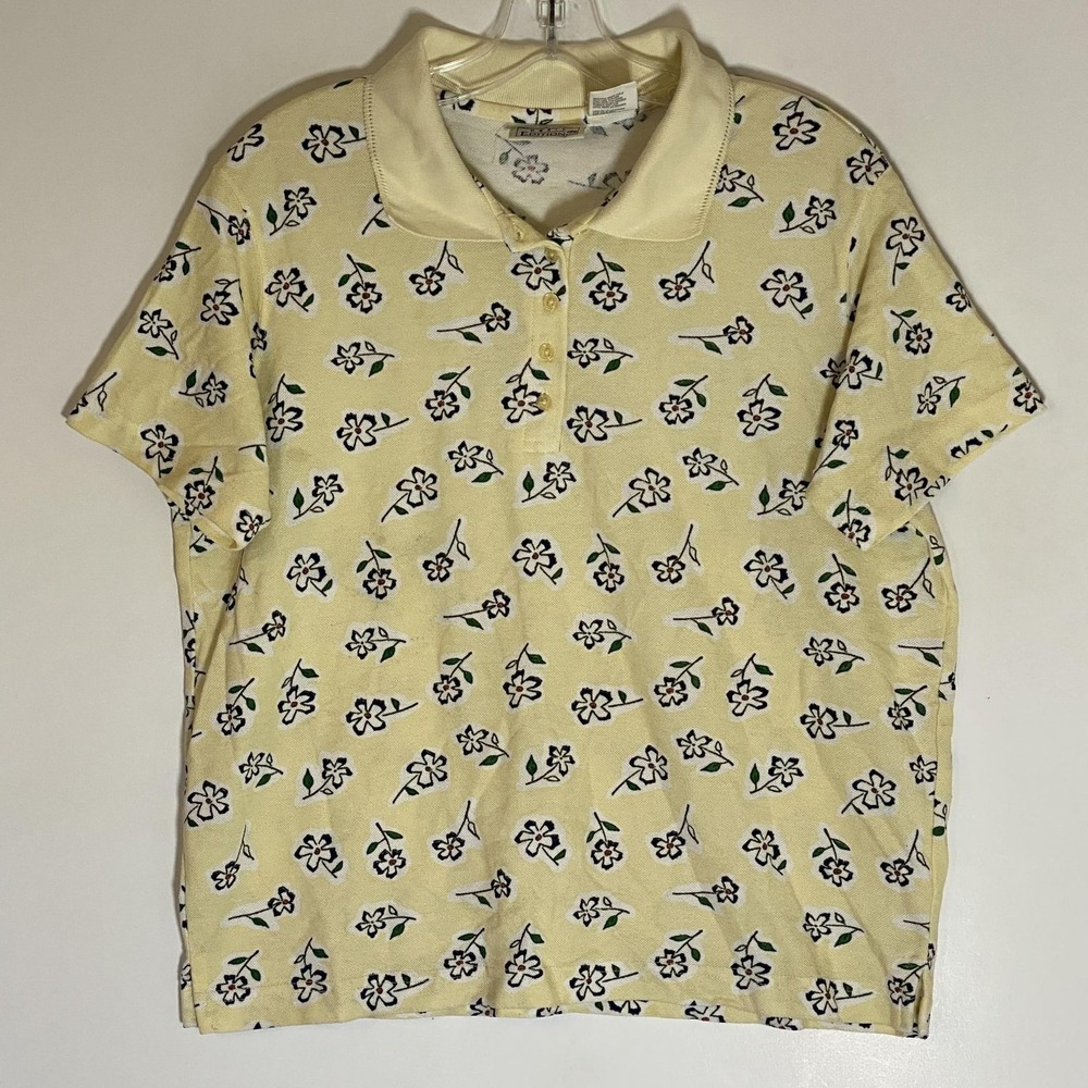 Basic Editions Polo Shirt Womens Medium Yellow Floral Short Sleeve Knit Top